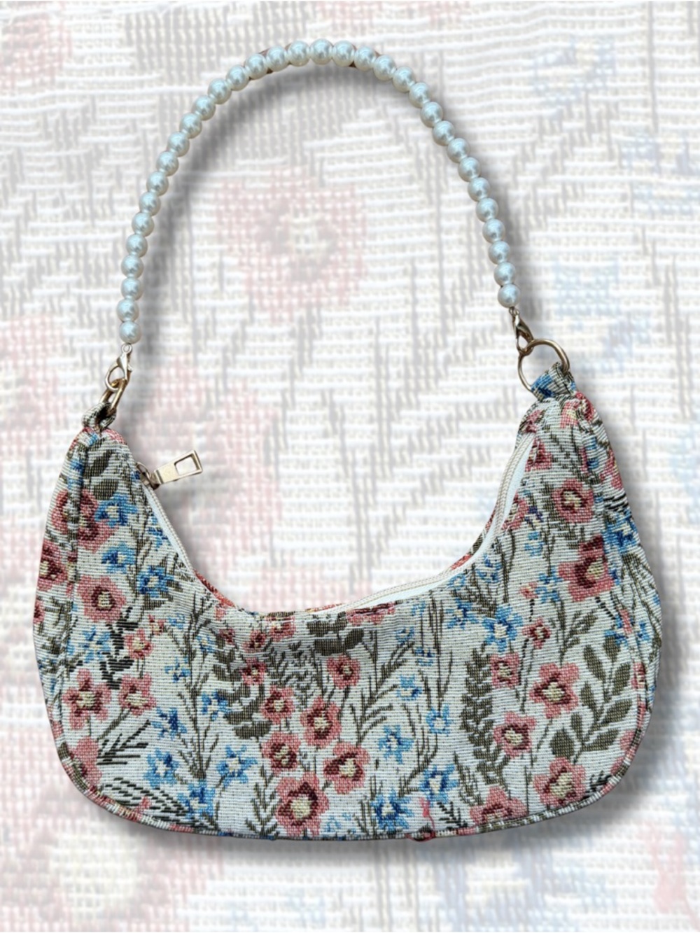 Floral Pearl-Handle Shoulder Bag - Cream Pink Blue